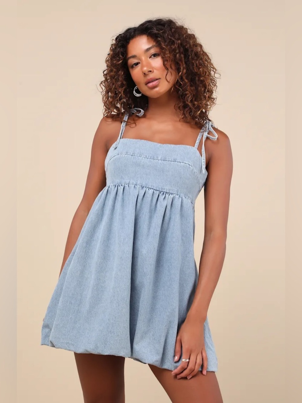 Lulus Charmed Aura Light Wash Denim Tie-Strap Bubble-Hem Mini Dress